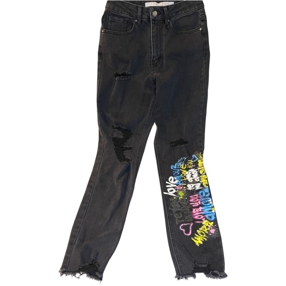Tinseltown Graffiti Distressed Black Denim Jeans Size 5 - Picture 1 of 13